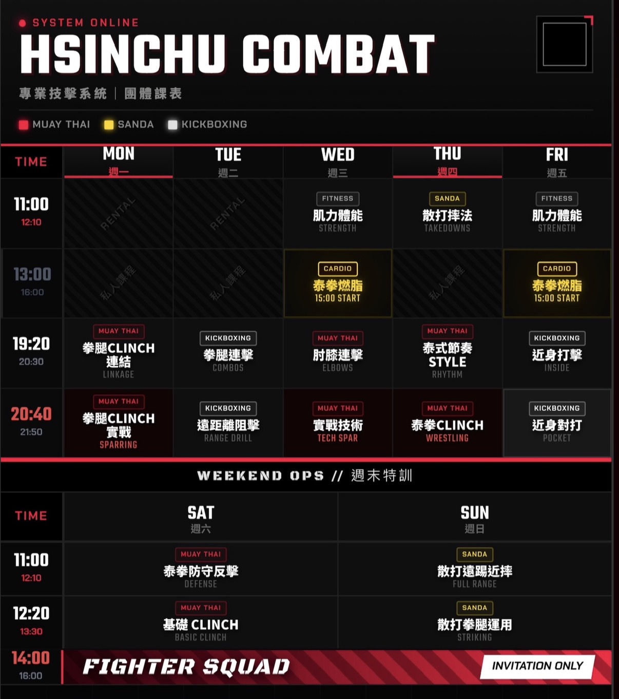 HCF 新竹格鬥最新課表