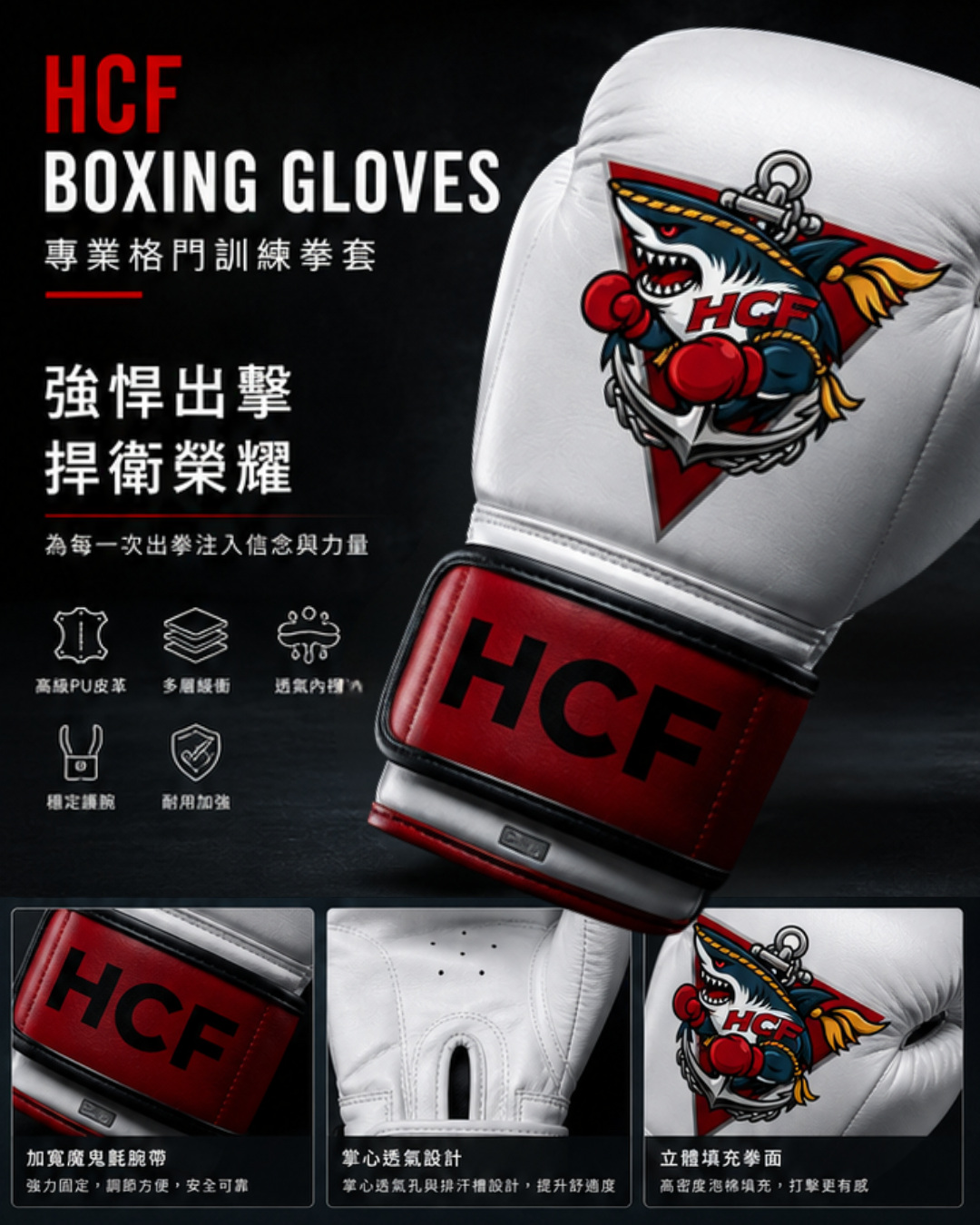 HCF 格鬥拳套 12oz 戰徽白